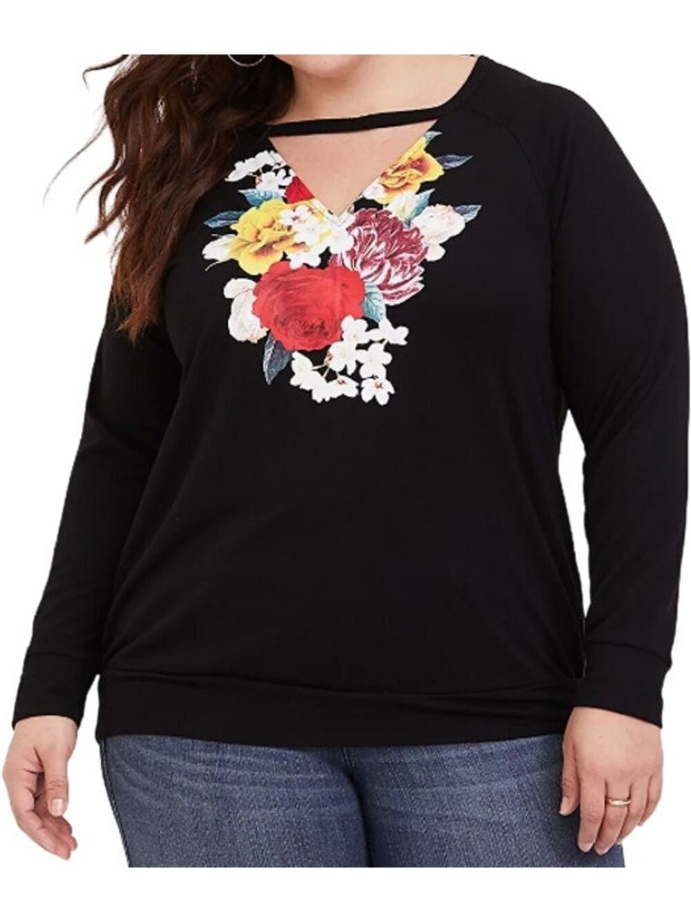 Torrid Choker Sweatshirt V-Neck Lightweight Pullover Floral Bouquet Black 4X